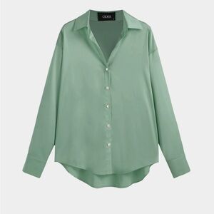 Cider Satin Solid Button Long Sleeve Blouse
